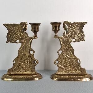 Pair of Vintage Brass 6 1/2" Angel Candlestick Holders Detailed Wings & Dress